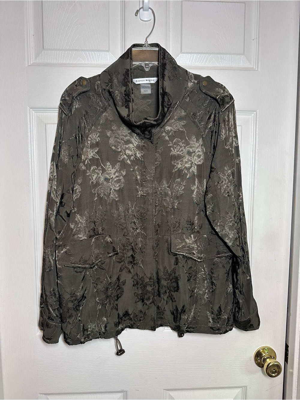 Bianca Nygard Olive Green Bomber Jacket Floral Pattern Drawstring Hem Size M